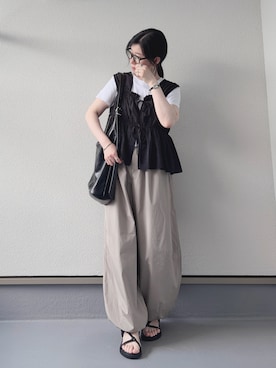 「RANAN（ラナン）のフロントリボンギャザーノースリブラウス（シャツ/ブラウス、ブラック系）」を使った、haruさん（レディース・162cm）の夏コーディネート