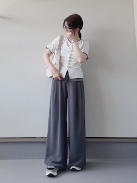 「tiptop（ティップトップ）の配色前ギャザーT（Tシャツ/カットソー、ホワイト系）」を使った、haruさん（レディース・162cm）の夏コーディネート