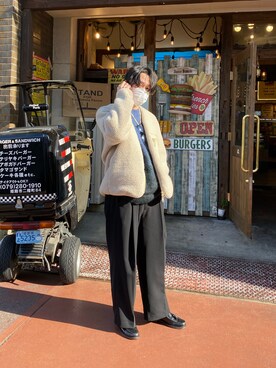 「ストレートパンツ」｜「アイテム（ノーカラージャケット）」を使った、Machaさん（メンズ・171cm）の冬コーディネート