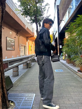 「古着コーデ」｜「アイテム（ライダースジャケット）」を使った、やひさん（メンズ・170cm）の秋コーディネート