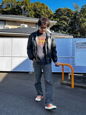 「古着コーデ」｜「アイテム（ライダースジャケット）」を使った、やひさん（メンズ・170cm）の冬コーディネート
