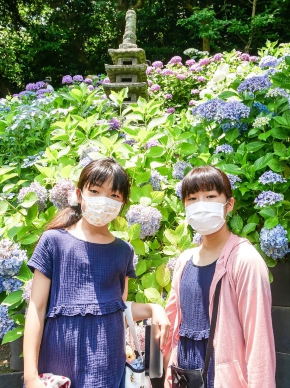 「夏コーデ、キッズファッション、ダブルガーゼ、女の子、姉妹コーデ、姉妹オソロ、鎌倉、紫陽花」｜「Catherine Cottageのダブルガーゼフリルワンピース　半袖（ワンピース、ブルー系）」を使った、saramimiさん（キッズ・128cm）の夏コーディネートの1枚目の写真