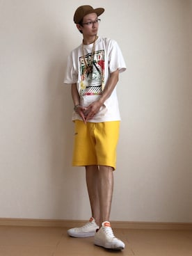 「3色コーデ」｜「アイテム（帽子）」を使った、a.k.a集合場所さん（メンズ・180cm）の夏コーディネート