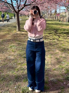 「CELFORD（セルフォード）の刺繍入りファーライクカーディガン（カーディガン/ボレロ、ピンク系）」を使った、Miiaさん（レディース・152cm）の春コーディネート