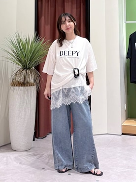 「LOWRYS FARM（ローリーズファーム）のメランジロゴTEE　1048840（Tシャツ/カットソー、ホワイト系）」を使った、akn.さん（レディース）の夏コーディネート