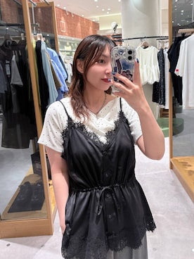 「LOWRYS FARM（ローリーズファーム）のレースサテンキャミ 1049036（キャミソール、ブラック系）」を使った、akn.さん（レディース）の夏コーディネート