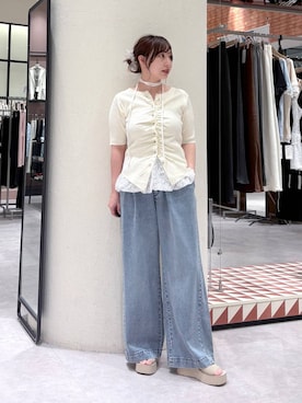 「LOWRYS FARM（ローリーズファーム）のイージーバギーデニム　601067（デニムパンツ、ブルー系）」を使った、akn.さん（レディース）の春コーディネート
