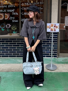 「duei（デュイ）のフロントホックデザインワイドパンツ（その他パンツ、ブラック系）」を使った、rin.さん（レディース・153cm）の秋コーディネート