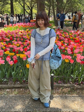 「UGLY SHADOW（アグリーシャドウ）のDOT SHIRRING BLOUSE(BLUE)（Tシャツ/カットソー、その他）」を使った、rin.さん（レディース・153cm）の春コーディネート