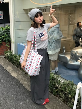「MILKFED.（ミルクフェド）のLOOSE KNIT CAP（ニットキャップ/ビーニー、グレー系）」を使った、rin.さん（レディース・153cm）の夏コーディネート