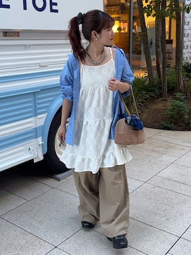 「MILKFED.（ミルクフェド）のMILITARY WIDE LEG PANTS（その他パンツ）」を使った、rin.さん（レディース・153cm）の夏コーディネート