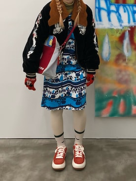 「柄×柄」｜「アイテム（ワンピース/ドレス）」を使った、クリヤマさん（レディース・158cm）の春コーディネート