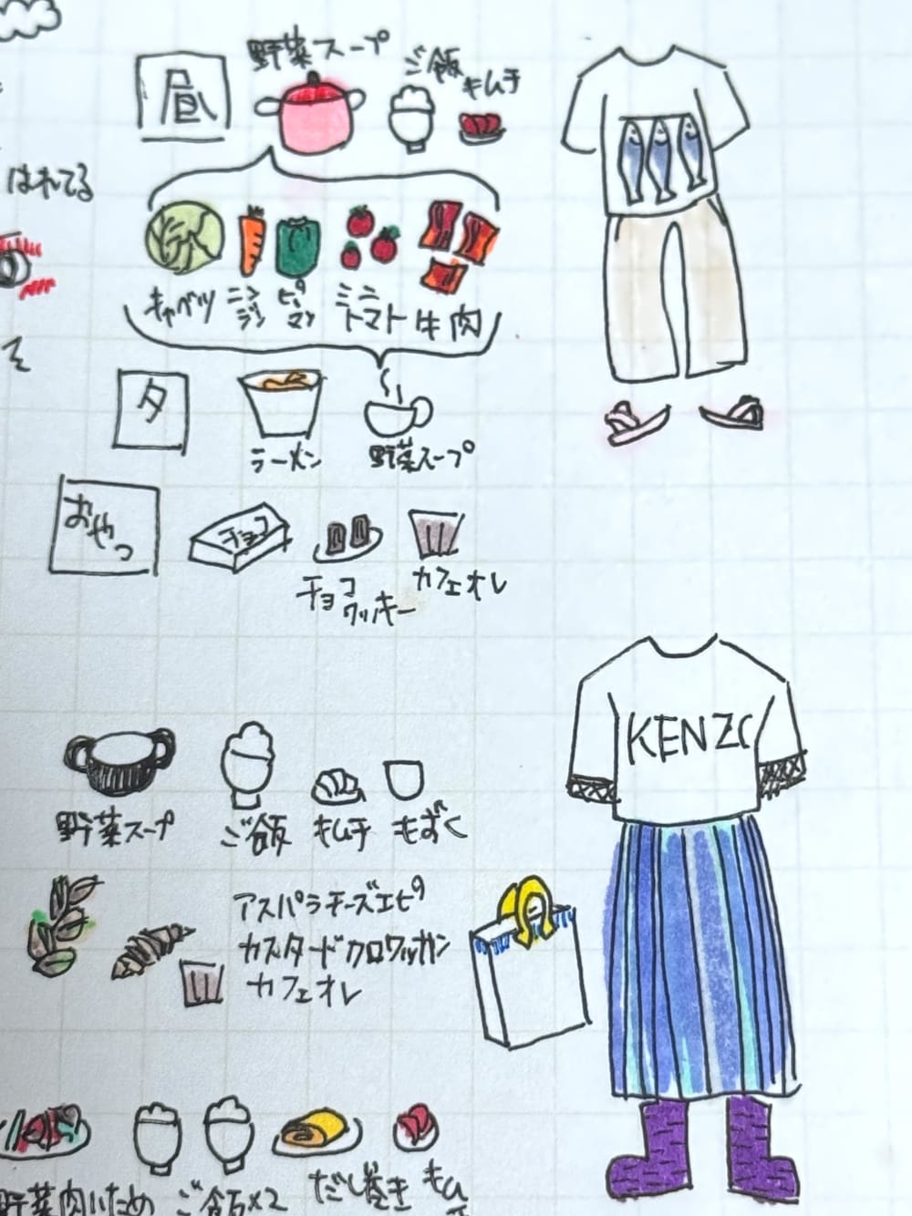 パープル系のレインシューズ、ブルー系のスカート、ホワイト系のTシャツ/カットソーを着用したレディースの夏コーディネートの1枚目の写真