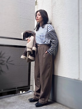 「GLOBAL WORK（グローバルワーク）のバスクボーダーTシャツ/267016（Tシャツ/カットソー、その他）」を使った、がじゅめさん（レディース・152cm）の春コーディネート