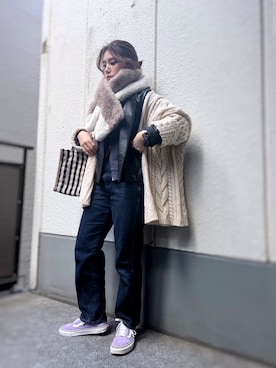 「LIAN（リアン）の1.5Gロービングケーブルニットカーディガン（カーディガン/ボレロ、ホワイト系）」を使った、がじゅめさん（レディース・152cm）の春コーディネート