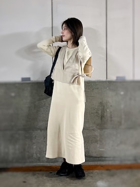 「DISCOAT（ディスコート）のリブバックオープンカットワンピース（ワンピース、ホワイト系）」を使った、がじゅめさん（レディース・152cm）の春コーディネート