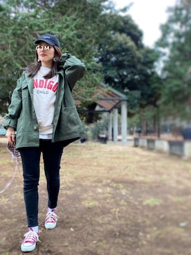 「スキニーデニム」｜「アイテム（カバーオール）」を使った、がじゅめさん（レディース・151cm）の春コーディネート