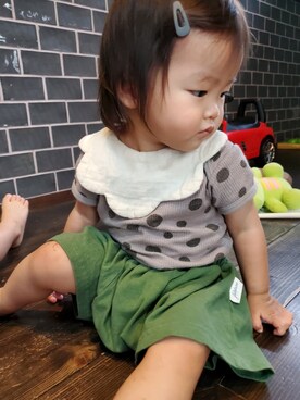 「アイテム（ママ＆ベビー、グリーン系）」を使った、ARUさん（キッズ・80cm）の夏コーディネート