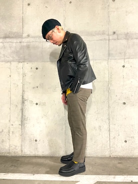「tk.TAKEO KIKUCHI（ティーケータケオキクチ）のアイテム（ライダースジャケット）」を使った、tk.TAKEO KIKUCHI 博多阪急店 スタッフさん（メンズ・175cm）の秋コーディネート