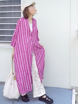 「巾着バッグ」｜「アイテム（シャツワンピース）」を使った、piiiikoさん（レディース・152cm）の夏コーディネート