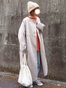 「巾着バッグ」｜「アイテム（ノーカラーコート）」を使った、piiiikoさん（レディース・152cm）の冬コーディネート