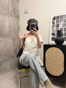 「tiptop（ティップトップ）の半袖カーディガン×裾レースキャミSET（Tシャツ/カットソー、グレー系）」を使った、HITOMIさん（レディース・155cm）の春コーディネート