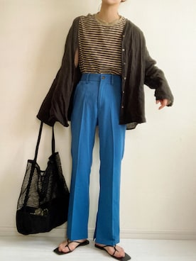 「ノーカラーシャツ」｜「アイテム（スラックス）」を使った、nonさん（レディース・160cm）の夏コーディネート