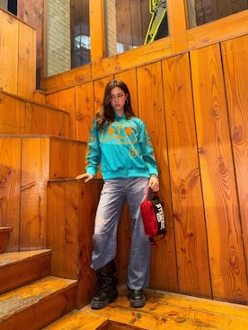 「HYSTERIC GLAMOUR（ヒステリックグラマー）のEVIL COLLEGE ポーチ（ポーチ、ブラック系）」を使った、chuneさん（レディース・173cm）の春コーディネート