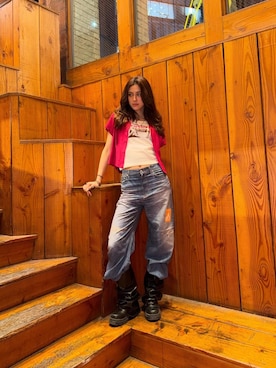 「HYSTERIC GLAMOUR（ヒステリックグラマー）のHYS FES PASS デニム転写パンツ（その他パンツ、ブルー系）」を使った、chuneさん（レディース・173cm）の春コーディネート