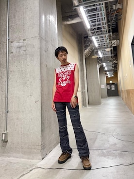 「アイテム（タンクトップ、レッド系）」を使った、HOSHIさん（メンズ・169cm）の夏コーディネート