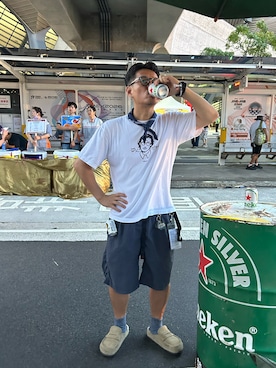 「高級大人のアイテム（Tシャツ/カットソー、ホワイト系）」を使った、tsungpinlinさん（メンズ・165cm）の夏コーディネート