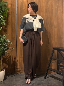 「Right-on（ライトオン）のアソート柄イージーパンツ（その他パンツ、ブラック系）」を使った、nonty＊さん（レディース・157cm）の夏コーディネート