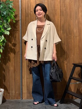「HONEYSUCKLE ROSE（ハニーサックルローズ）のレース切替アシンメトリーヘム（Tシャツ/カットソー、イエロー系）」を使った、nonty＊さん（レディース・157cm）の夏コーディネート