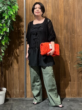「HONEYSUCKLE ROSE（ハニーサックルローズ）のスカシ編みカーディガン（カーディガン/ボレロ、ブラック系）」を使った、nonty＊さん（レディース・157cm）の夏コーディネート