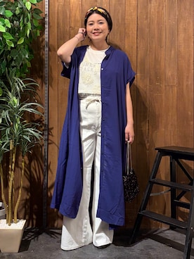 「HONEYSUCKLE ROSE（ハニーサックルローズ）のボタンアキシャツワンピース（ワンピース、ブルー系）」を使った、nonty＊さん（レディース・157cm）の夏コーディネート