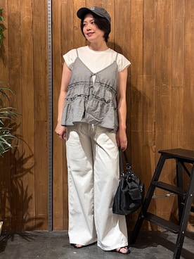 「Right-on（ライトオン）のHONEYSUCKLE ROSE(ハニーサックルローズ)【レディース】ピグメントロゴ刺繍キャップ（キャップ、ブラック系）」を使った、nonty＊さん（レディース・157cm）の夏コーディネート