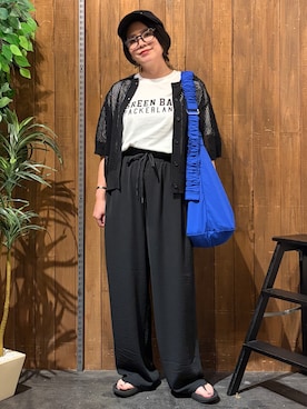 「Right-on（ライトオン）のHONEYSUCKLE ROSE(ハニーサックルローズ)メッシュ編みポロセーター（ニット/セーター、ブラック系）」を使った、nonty＊さん（レディース・157cm）の夏コーディネート