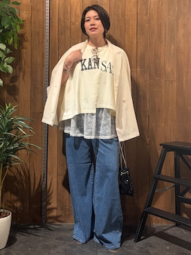 「Right-on（ライトオン）の切替プリントTシャツ（Tシャツ/カットソー、ホワイト系）」を使った、nonty＊さん（レディース・157cm）の夏コーディネート