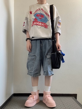 「adidas（アディダス）の【ヴィンテージ古着】80's adidas/アディダス aop クルーネックススウェット（スウェット、ホワイト系）」を使った、ぽぽぬなさん（レディース・167cm）の春コーディネート