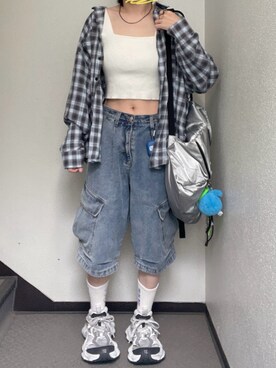 「アイテム（バックパック/リュック、シルバー系）」を使った、ぽぽぬなさん（レディース・167cm）の夏コーディネート