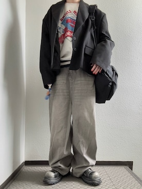 「adidas（アディダス）の【ヴィンテージ古着】80's adidas/アディダス aop クルーネックススウェット（スウェット、ホワイト系）」を使った、ぽぽぬなさん（レディース・167cm）の春コーディネート