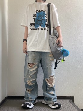 「アイテム（バックパック/リュック、シルバー系）」を使った、ぽぽぬなさん（レディース・167cm）の夏コーディネート