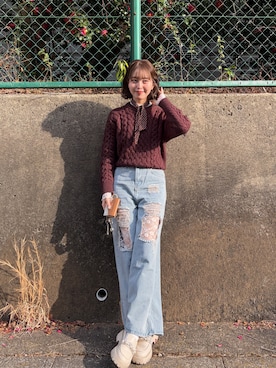 「GU（ジーユー）のアイテム（ニット/セーター、ブラウン系）」を使った、寿杏𝘚𝘶𝘻𝘶さん（レディース・160cm）の冬コーディネート