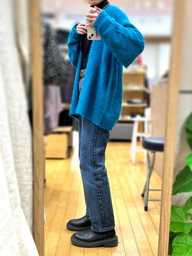 「DISCOAT（ディスコート）の【WEB限定/ユニセックス】モヘアライクシャギーカーディガン（カーディガン/ボレロ）」を使った、星乃さん（レディース・160cm）の春コーディネート