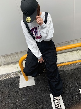 「CORNERS（コーナーズ）のサスペンダー付きカーゴパンツ（カーゴパンツ）」を使った、kuririnさん（レディース・159cm）の秋コーディネート