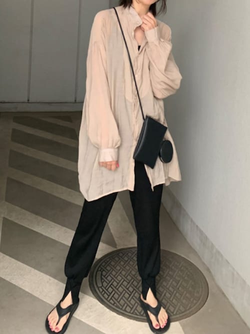 23SS✨美品✨23区　バンドカラーシアーシャツ　46 ブラック　ドレープ　羽織 23区 ブラウス シャツ 「洗える」バンドカラー シアー