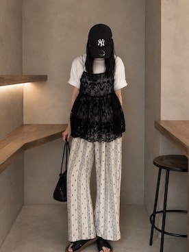 「CORNERS（コーナーズ）のオーガンジーレース刺繍キャミソール（キャミソール、ブラック系）」を使った、kuririnさん（レディース・159cm）の夏コーディネート