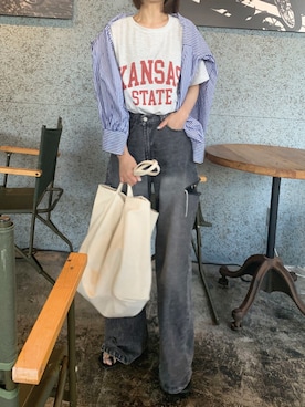 「CORNERS（コーナーズ）のオーバーサイズストライプシャツ（シャツ/ブラウス）」を使った、kuririnさん（レディース・159cm）の春コーディネート