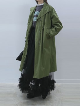 「巾着バッグ」｜「アイテム（ミリタリージャケット）」を使った、kuririnさん（レディース・159cm）の冬コーディネート