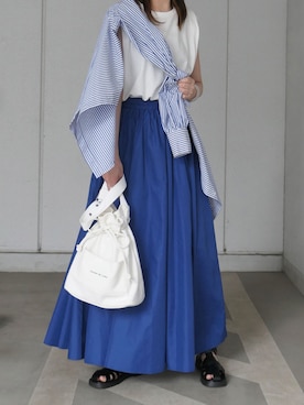 「CORNERS（コーナーズ）のオーバーサイズストライプシャツ（シャツ/ブラウス）」を使った、kuririnさん（レディース・159cm）の春コーディネート